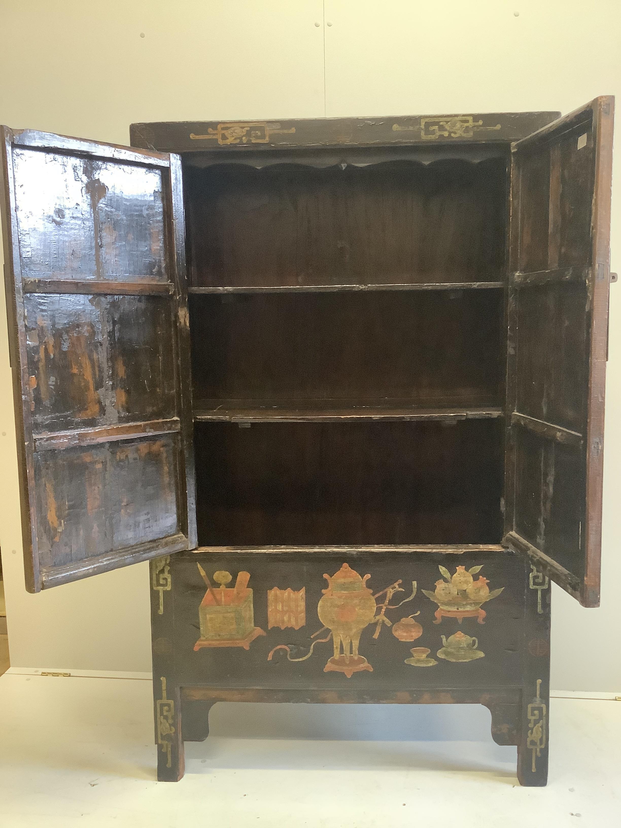 An India Jane Chinese lacquer two door cabinet, width 109cm, depth 39cm, height 180cm